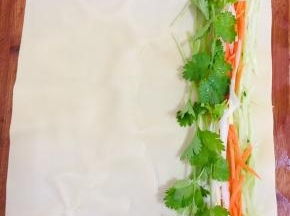 千张平铺在案板上，均匀的放入胡萝卜丝，黄瓜丝，葱丝，香菜。