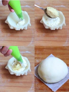 将饼皮放进雪媚娘模具中，先挤一圈淡奶油，加入一汤匙榴莲馅，再覆盖一圈淡奶油，像捏包子一样，捏一圈小皱折，再把多余的饼皮挤一下，轻轻就能揪掉，用烘焙纸垫底，倒扣出模即可。