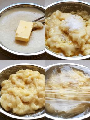 时间到，取出盘子，趁热加入黄油、白砂糖，先用筷子搅拌至融化不烫手，再用手将黄油与糯米糕揉匀，加盖保鲜膜放置完全凉透（家里保鲜膜刚好用完了，用了一个保鲜袋）。