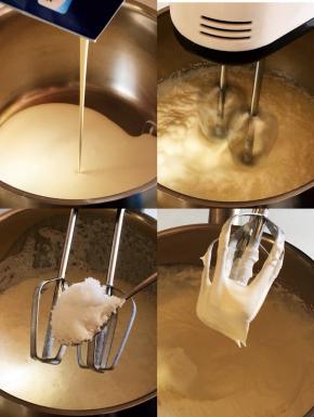 用这个时间打淡奶油，先将淡奶油打发至起泡，分两次加入白糖，继续大发至硬性发泡，提起打蛋器，有两个尖尖角即可。