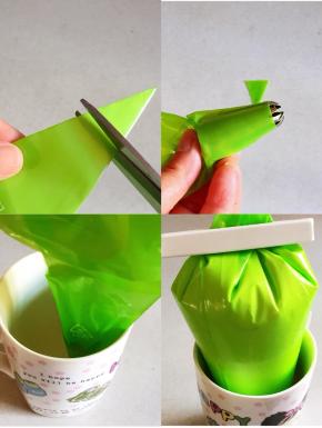 一次性裱花袋，减去一个小三角，放入裱花嘴，用一个大口杯做支撑，将裱花袋放入杯子中，装入打发好的淡奶油，封口处用一个密封夹夹住。夏季，可以先把打发好的淡奶油送入冰箱保鲜，以免淡奶油溶化。