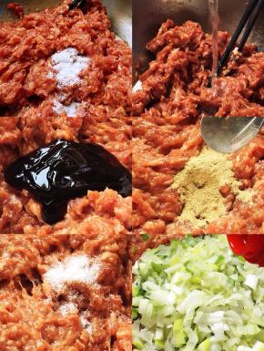 再加入盐，顺一个方向搅拌上劲，分几次加入水，搅拌顺滑再加入下一次水，这样蒸熟的肉馅吃起来口感不会太柴。再加入蚝油、白胡椒粉、味精，继续搅拌均匀，白胡椒粉增香，蚝油提鲜，最后加入淋上香油的葱碎，，先用香油把葱碎搅拌，让葱碎裹一层香油，这样调馅不会有葱臭味。