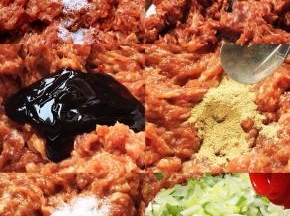 再加入盐，顺一个方向搅拌上劲，分几次加入水，搅拌顺滑再加入下一次水，这样蒸熟的肉馅吃起来口感不会太柴。再加入蚝油、白胡椒粉、味精，继续搅拌均匀，白胡椒粉增香，蚝油提鲜，最后加入淋上香油的葱碎，，先用香油把葱碎搅拌，让葱碎裹一层香油，这样调馅不会有葱臭味。