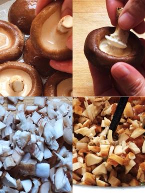 香菇清洗干净，去掉香菇蒂，把香菇蒂去掉尾端，切成小碎丁，加入肉馅中搅拌均匀，增加了香味，又使肉馅不会太干。