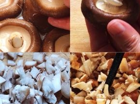 香菇清洗干净，去掉香菇蒂，把香菇蒂去掉尾端，切成小碎丁，加入肉馅中搅拌均匀，增加了香味，又使肉馅不会太干。
