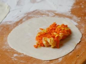 将一勺胡萝卜馅放在饺子皮的三分之一处