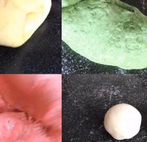 把四种颜色的面团揉匀排气，搓成圆球压成饼状