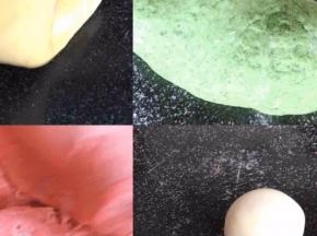 把四种颜色的面团揉匀排气，搓成圆球压成饼状