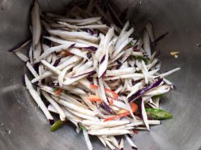 将茄子丝、辣椒丝均放入盆内，再往盆内放入一半盐，与茄子搅拌均匀；