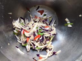 放置片刻，杀出茄子里的水份，然后攥干水份备用；