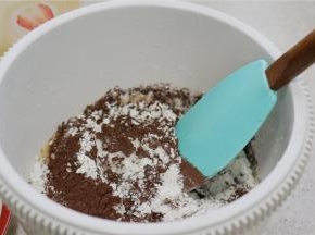 然后再将可可粉一并配入，用牛油刀拌至食材完全融合。
