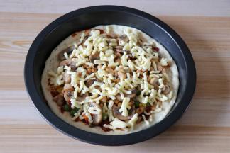 按照一层菜一层芝士的顺序放入炒熟的什锦菜、鸡胸肉、口蘑，最上面再撒适量马苏里拉芝士；