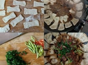 把小剂子挨个抻成如图形状，待鸡肉炖煮到差不多20分钟时，把小油卷挨个底部粘点水然后贴在锅边上，尾巴泡在汤里就好，盖锅盖再炖十五分钟。如果汤觉得少了要加开水。青红椒切丝，香葱或者青蒜切末。炖煮好以后关火放入青红椒和青蒜末。
