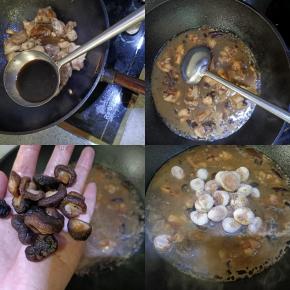 待冰糖融化稍微发黄时放入鸡腿翻炒，一勺白酒沿锅边淋入去腥，然后加入生抽、老抽、蚝油和盐调味。加入足量的开水，放入泡发好的香菇，放入去皮的栗子，然后盖锅盖炖煮