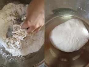 面粉加水先搅拌成面絮，然后和成一个光滑的面团盖上盖子放置在一边饧着备用。