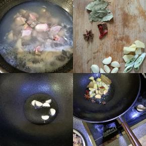 鸡腿剁成小块放入热水中焯一下去除杂质和血沫然后捞出用温水洗净备用。
葱姜切片，准备好香料，热油锅，先放入蒜瓣爆香，再把葱姜和其他香料放入爆香，然后放入适量冰糖炒化。