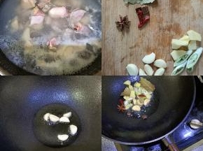鸡腿剁成小块放入热水中焯一下去除杂质和血沫然后捞出用温水洗净备用。
葱姜切片，准备好香料，热油锅，先放入蒜瓣爆香，再把葱姜和其他香料放入爆香，然后放入适量冰糖炒化。