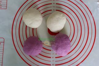 二种面团分别排气、揉搓光滑的面团，各分二个面团。