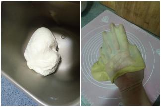 先称量好黄油放置在室温下进行软化。然后把除黄油外的所有面团材料放进面包机或者厨师机揉到初步扩展阶段，即可以拉出较厚的膜时加入软化好的黄油再揉至完全扩展阶段。（取一小块面团用手掌撑开有坚韧的不易破的薄膜或者即便破边缘也是很光滑的即可。）