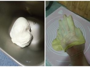 先称量好黄油放置在室温下进行软化。然后把除黄油外的所有面团材料放进面包机或者厨师机揉到初步扩展阶段，即可以拉出较厚的膜时加入软化好的黄油再揉至完全扩展阶段。（取一小块面团用手掌撑开有坚韧的不易破的薄膜或者即便破边缘也是很光滑的即可。）