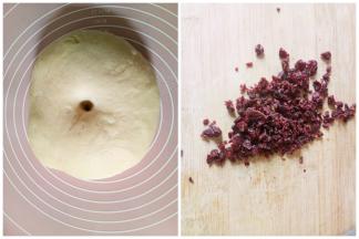 揉好的面团放入盆内盖上保鲜膜发酵至两倍大（检验发酵好没好可以用手指沾取面粉在面团上戳一个洞，洞口不回缩即发酵完成。（现在天气凉了建议使用烤箱发酵档位或者专门的发酵箱进行发酵。）这个时候把涂抹材料的黄油和炼乳放在一起搅拌均匀，蔓越莓切碎一点，全部放在一边备用。