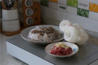 如图这款炒粉丝备料：洗切好的鱿鱼及虾仁，肉末，蒜粒，粉丝。