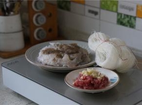 如图这款炒粉丝备料：洗切好的鱿鱼及虾仁，肉末，蒜粒，粉丝。