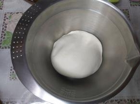 然后简单收拢成圆形，放入盆内，盖上保鲜膜进行一次发酵。