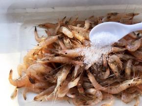 撒盐，用颠的手法，用颠的方式不会破坏小海虾的完整性，使盐均匀的溶在虾表面，腌制五分钟入味。