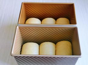 卷好的吐司胚放入吐司盒中，我这个是2个450g的吐司量呦～如果一个模具的话，把所有食材减半即可。