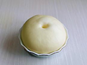 发酵好的面团是原来的两倍大，用手指摁一下，不回缩即为发酵完成，取出揉圆排气，盖上保鲜膜醒10分钟。