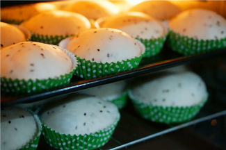 再入烤箱，发酵程序将面团发至二倍大左右，现在的天气比较干燥，发酵的时候最好放入一盘温水。