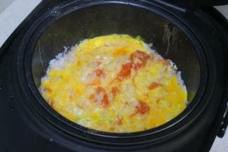 鸡蛋去壳，打入一个陶瓷碗里，用打蛋器调均，把鸡蛋倒入电饭锅里，并且搅拌均匀。