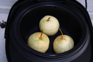 然后盖上秋梨的盖子（刚刚切块秋梨蒂的这一半），电饭锅的底部是平稳的，不需要用牙签就能把秋梨的盖子盖的牢固。