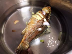 煎好的鲫鱼放入汤锅，添水，放葱姜碎、干辣椒