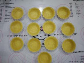 把冷藏好的塔皮取出，可以分成16g每个的重量。先搓圆，然后压扁放入塔模中，捏成蛋挞的样子。