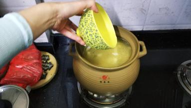 倒入两碗椰子水，大火煮开后转中小火盖上盖子煲40分钟