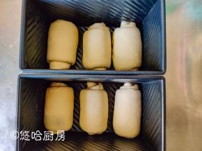 二次醒发后的面团上下擀开，翻面后卷起，接口朝下放入吐司模具中，盖保鲜膜放入烤箱进行二次醒发，烤箱里面要放一碗热水，来提高温度和湿度。