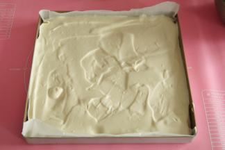 将拌匀的面糊，从30厘米处倒入垫好油纸的金盘中，用刮板刮平，我没有刮很平，因为今天用到的是毛巾面。