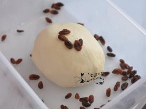 葡萄干用厨房纸吸去水分，揉入面团中。