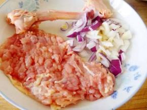 准备材料   2 鸡腿去掉骨头用刀背砸松软，然后皮用叉子扎些孔，在准备点葱头碎和姜末。