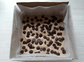 把拌好的2/3蛋糕糊倒入18CM的正方形固底模具里（模具提前铺好油纸，四周插上纸板），在桌面上震出气泡，再把巧克力豆均匀地撒在表面