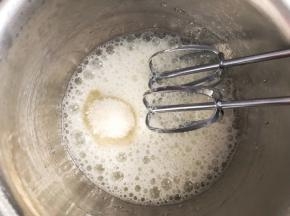蛋白加入柠檬汁打发至粗泡状态，加入三分之一细砂糖