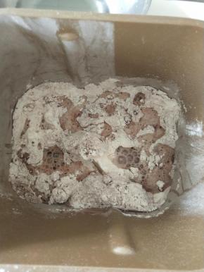 2、除黄油，蔓越莓，橙皮，巧克力豆外全部材料放入面包机中揉面。
。