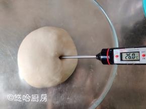 把温度计插入到面团中央，测出的面团温度为26度。面团盖保鲜膜醒发20分钟。