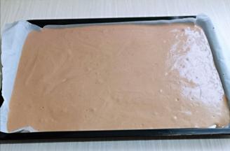 拌好的蛋糕糊，细腻光滑，饱满，倒入垫有油纸的烤盘中，轻轻震几下，将气泡震出。(我的是50升烤箱的烤盘比较大)此时将烤箱150度预热5分钟。