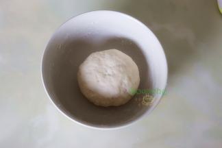 把面粉倒入牛奶碗里，拌均均匀，揉搓光滑面团，盖上一块湿布，室温下放置1小时左右，发酵至膨胀状态。