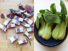 腊肉清洗切成块状，上海青清洗干净备用