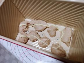 接着将面团切成小块在模具底部铺上一层，再挤上沙拉酱。