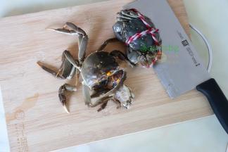 等待熬煮粥的时候，处理大闸蟹。大闸蟹用牙刷清洗大闸蟹的外表，然后用剪刀把不需要的杂物剪掉。接着用刀剖开大闸蟹黑色物体对着水龙头冲洗干净。